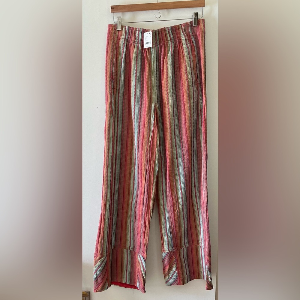 Free People Day's End Cotton-Linen Striped Pull-On Pants. NWT